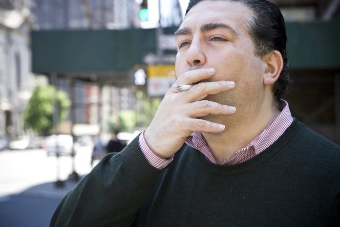 American Italian Man Portrait, Smoking on City Sidewalk, Copy Space