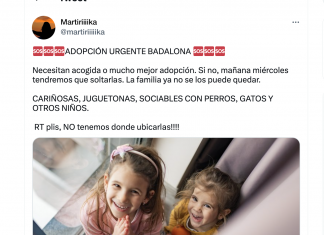«ADOPCIÓN URGENTE BADALONA», dice una mujer en redes sociales publicando una foto de sus dos hijas