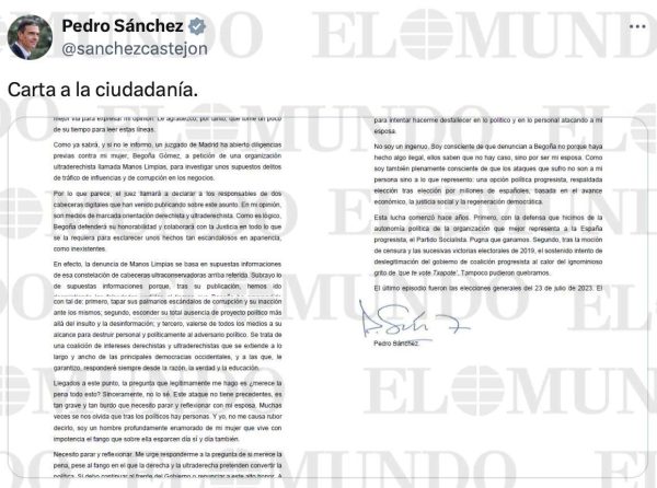 El diario El Mundo filtra unas cartas que Pedro Sánchez mandó a la ciudadanía amenazando con dimitir